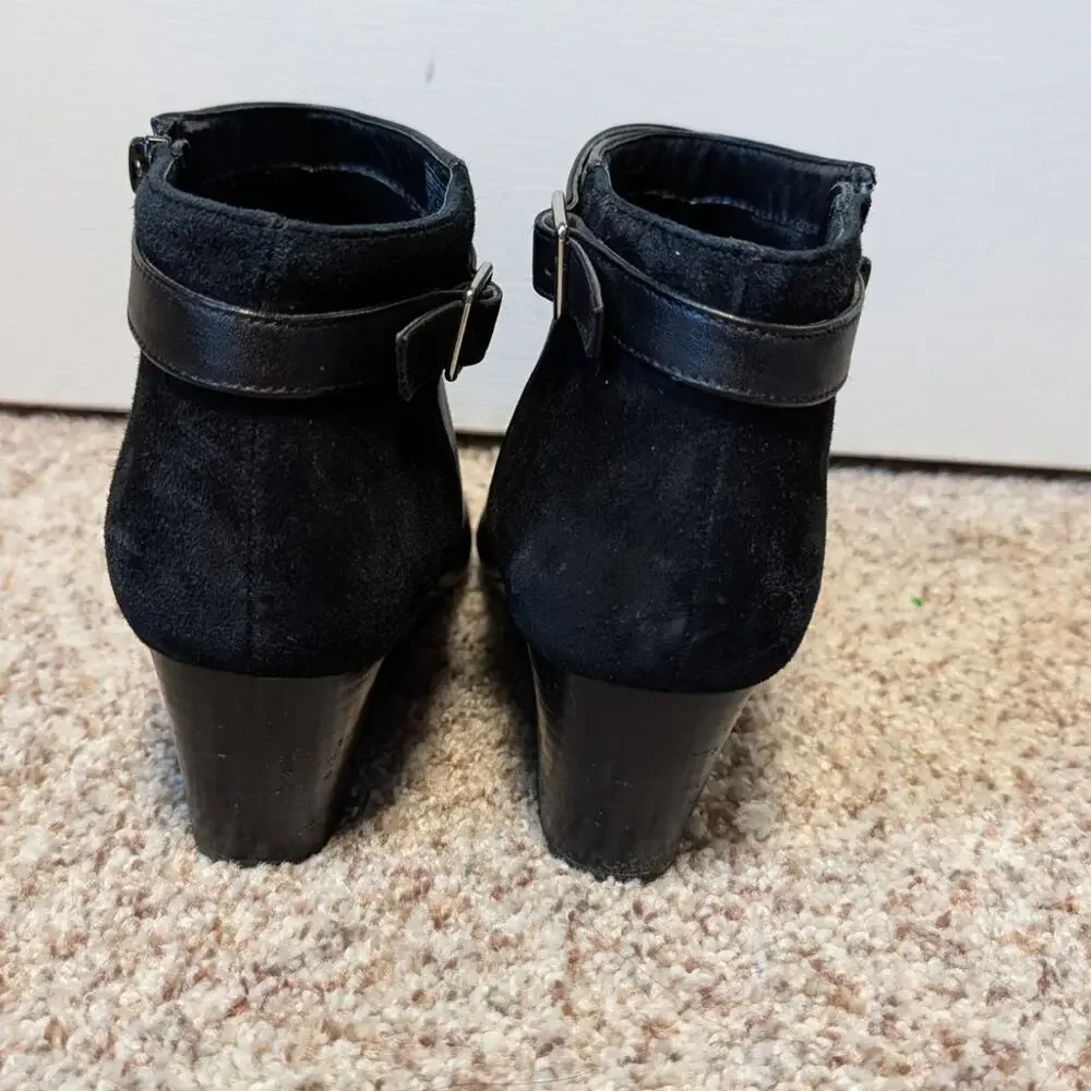 Vionic Shasta Womens 8.5 Black Leather Suede Ankle Boots Wedge Side Zip Buckle
